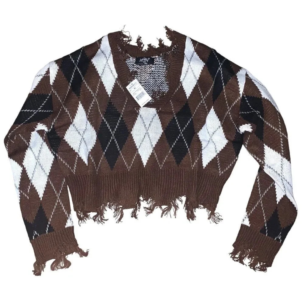 Just Polly Fringe Brown Argyle Plaid Cropped Sweater